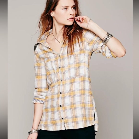 Free People Little Bit of Sugar Plaid Sequin Button Down Top - Picture 2 of 9